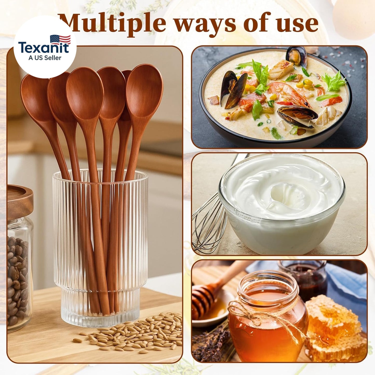6 Pcs Small Wooden Spoons - Long Handle Mini Wooden Mixing Spoons, Handmade Wood
